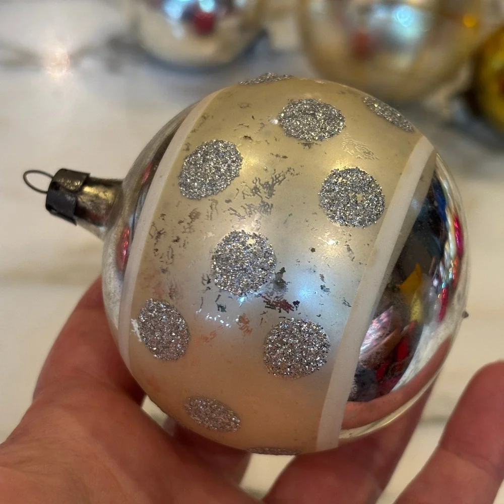 Assorted Vintage MCM Glass Ball Christmas Ornaments Red Gold Silver Set 6pc